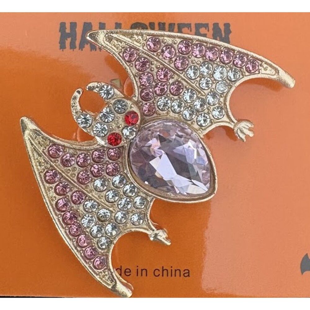 Halloween Bat Brooch Pin Pink Rhinestone Crystal Gold Tone Spooky Jewelry